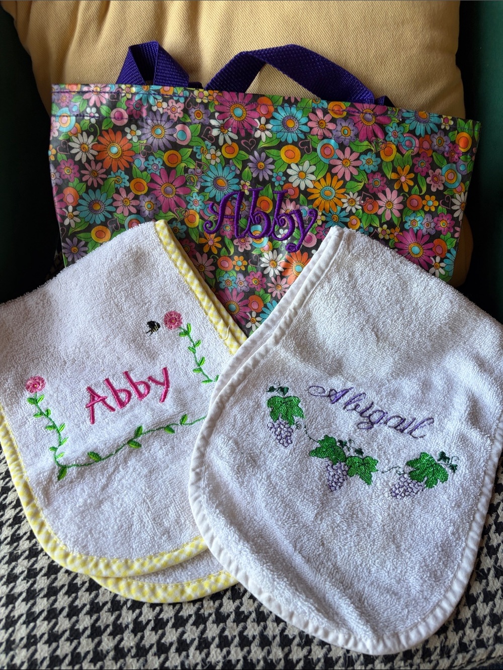 Abby Embroidered Terry Burpcloths with Waterproof Floral Tote